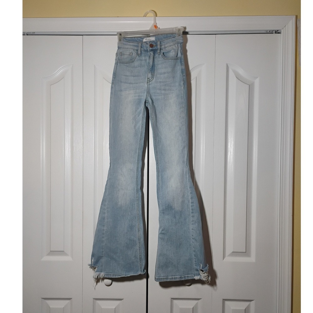 Kancan Signature Ultra High Rise Flare Jeans Light Wash Distressed VBK1652L 23